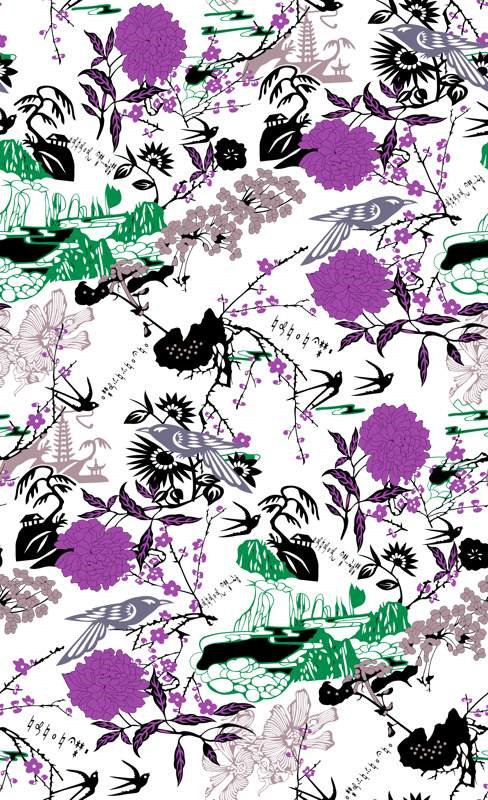 东方意境花卉鸟纹面料印花素材,适用于服装印花设计