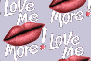 浪漫唇印与手写体文字组合面料印花，适用于女性服装印花设计素材