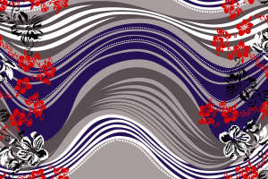 波浪线条与红黑白花卉交织的服装印花素材，适用于面料印花设计