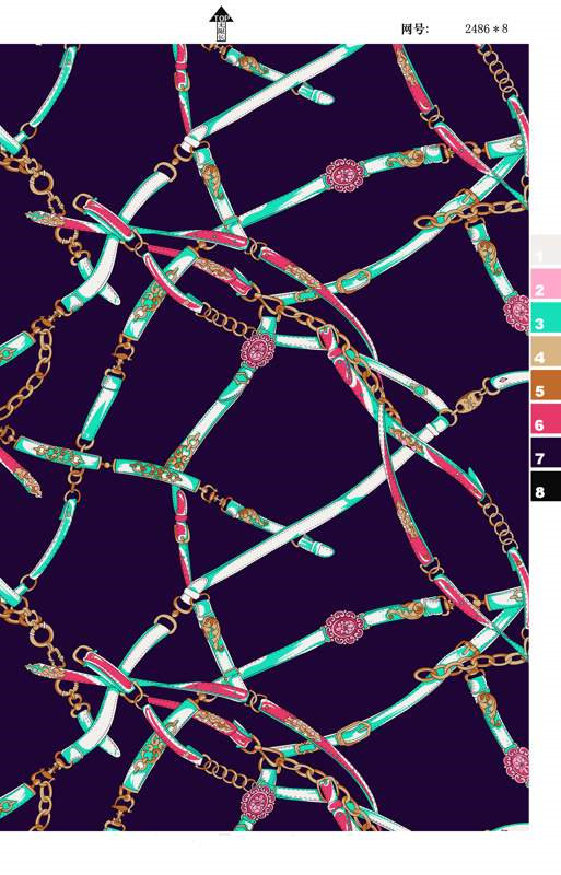 复古链条与花卉交织的服装印花素材,适用于高端女装面料印花设计