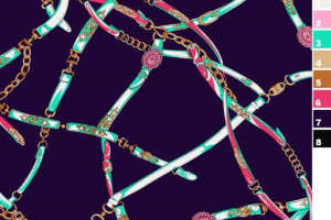 复古链条与花卉交织的服装印花素材，适用于高端女装面料印花设计