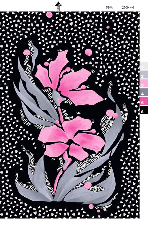 黑底粉花几何纹理面料印花素材,适用于服装印花设计