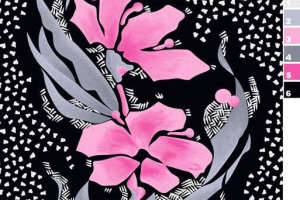 黑底粉花几何纹理面料印花素材，适用于服装印花设计