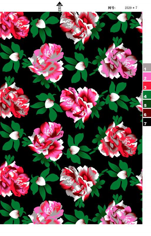 黑底粉红牡丹花卉面料印花素材,适用于服装印花设计