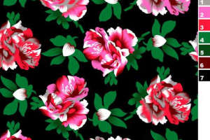 黑底粉红牡丹花卉面料印花素材，适用于服装印花设计