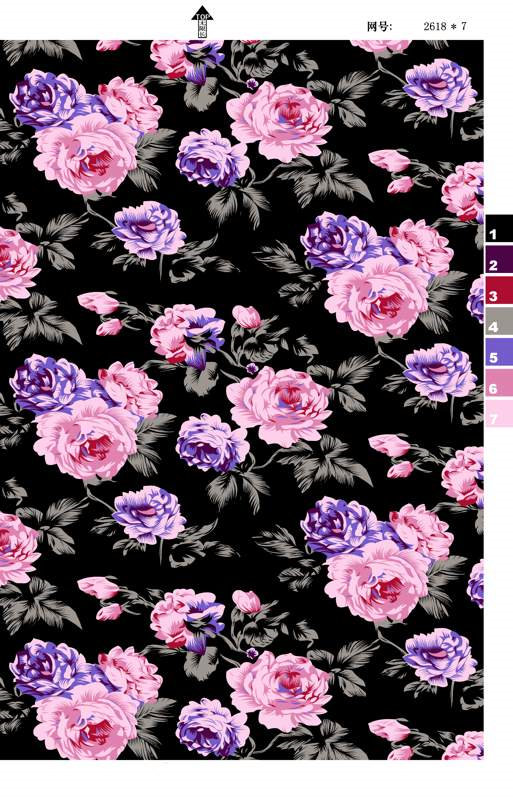 黑底粉紫玫瑰面料印花素材,适用于服装印花设计的高清花型图