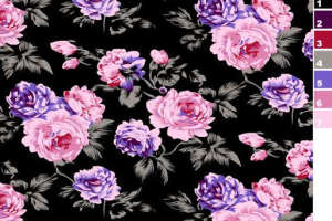 黑底粉紫玫瑰面料印花素材，适用于服装印花设计的高清花型图