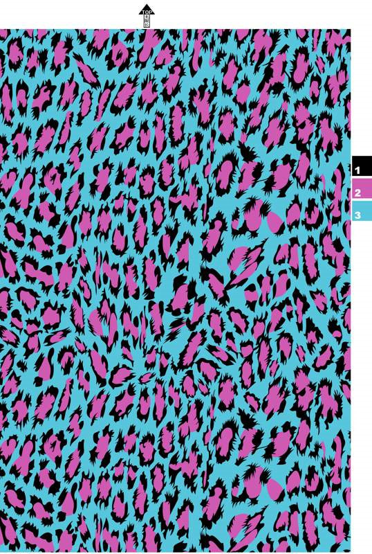 高饱和度粉蓝豹纹面料印花素材,适用于潮流服装印花设计