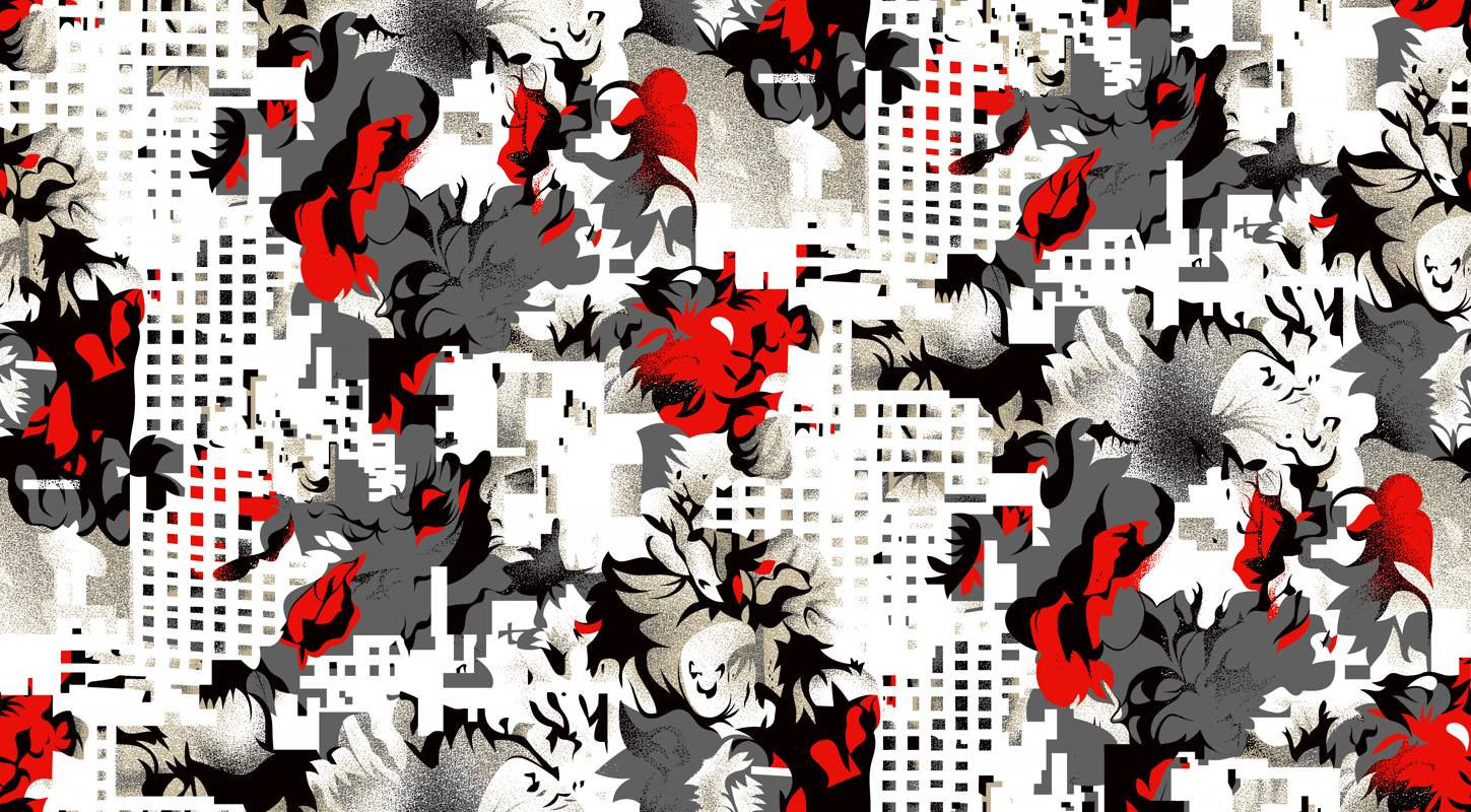 抽象花卉与几何城市融合的服装印花素材,高对比度面料印花设计