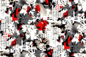 抽象花卉与几何城市融合的服装印花素材，高对比度面料印花设计