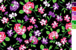 黑底繁花面料印花素材图，适用于服装印花设计与数码印花打样