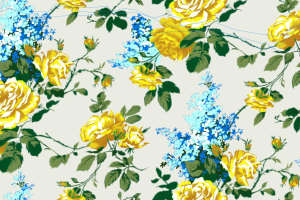 复古黄蓝玫瑰花卉面料印花素材，适用于春夏服装印花设计