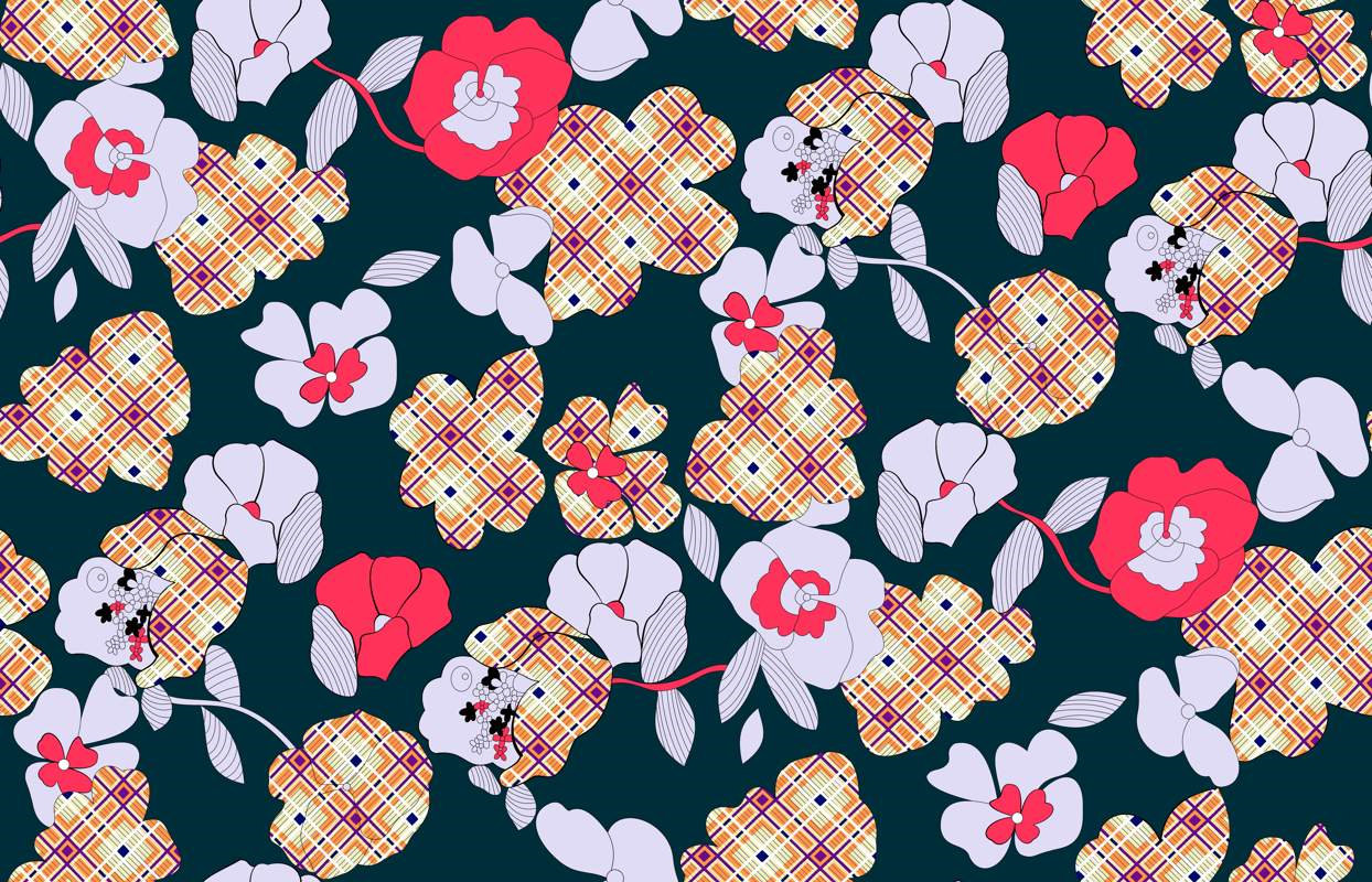 复古格纹与花卉融合的服装印花素材,适用于春夏女装面料印花设计