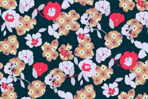 复古格纹与花卉融合的服装印花素材，适用于春夏女装面料印花设计