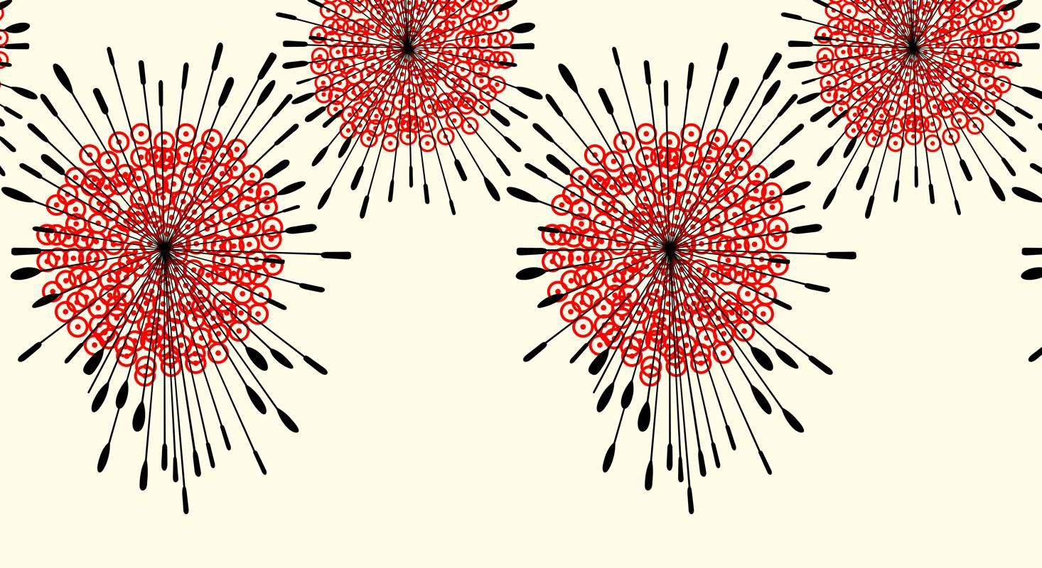 红黑放射状几何花型面料印花素材,适用于服装印花设计