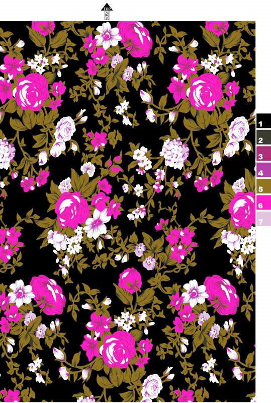 黑底粉白玫瑰花卉面料印花素材,适用于服装印花设计