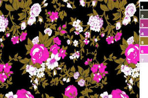 黑底粉白玫瑰花卉面料印花素材，适用于服装印花设计