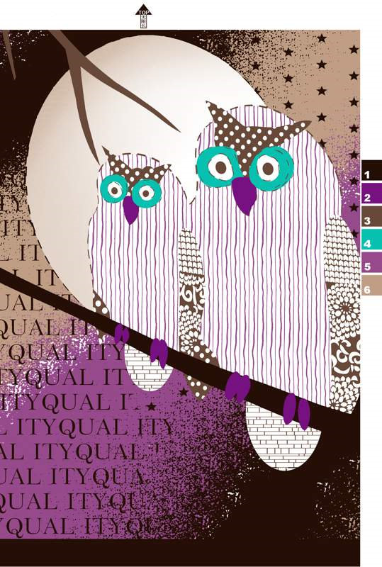 复古插画风猫头鹰图案面料印花素材,适用于儿童服装印花设计