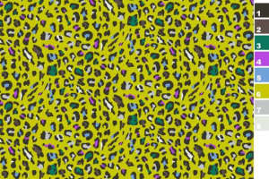 亮黄底多彩豹纹面料印花素材，适用于时尚服装印花设计