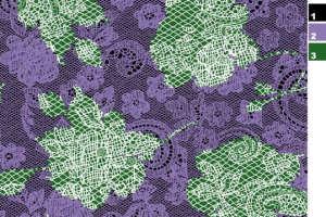 紫绿交织蕾丝花卉面料印花素材，适用于女装服装印花设计