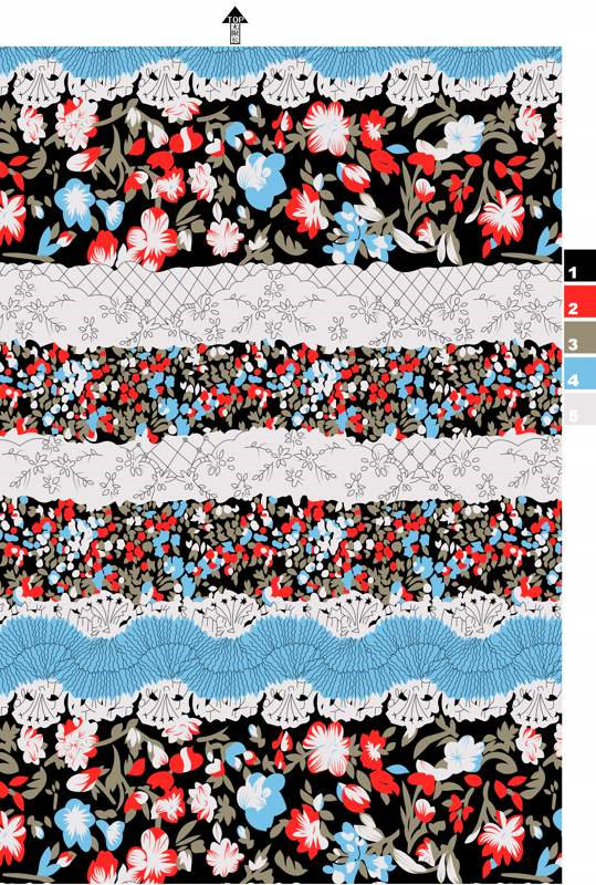 复古花卉与蕾丝边组合面料印花素材,适用于服装印花设计