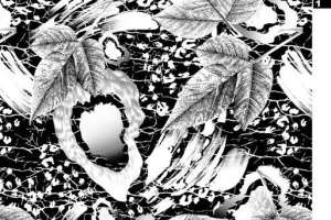 黑白写意叶纹面料印花素材，适用于服装印花设计与数码印制