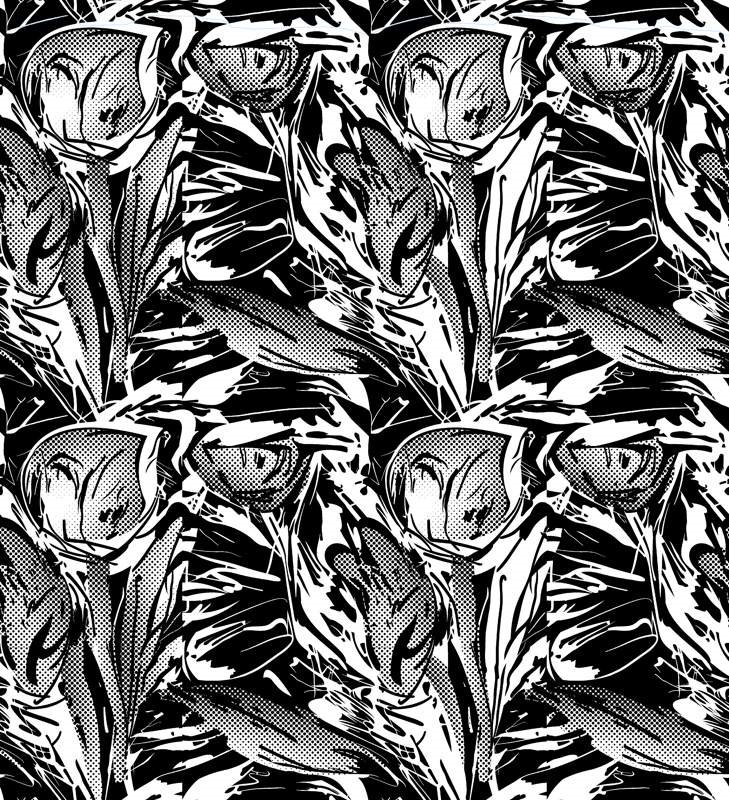黑白漫画风郁金香面料印花素材,适用于服装印花设计