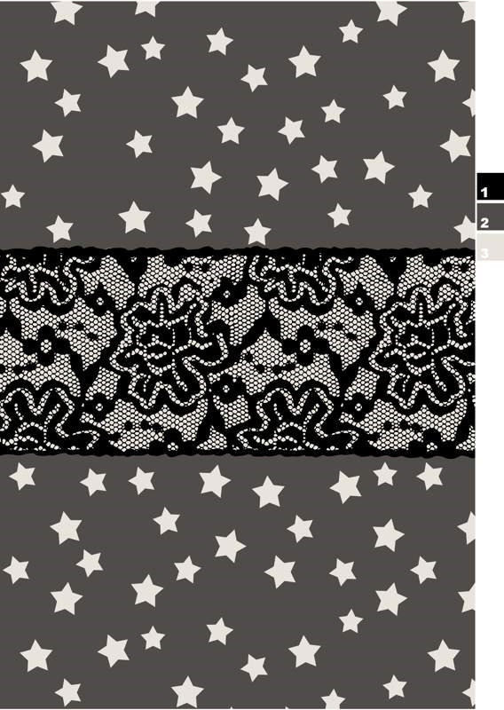 灰底白星与黑蕾丝拼接面料印花素材,适用于服装印花设计