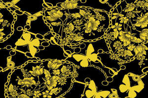 黑底金链花卉蝴蝶图案面料印花素材，适用于高端服装印花设计