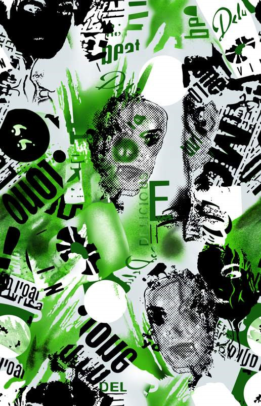 绿色泼墨拼贴风面料印花素材,适用于潮牌服装印花设计