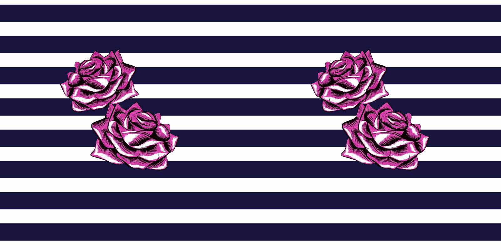 深蓝白条纹背景紫玫瑰面料印花素材,适用于服装印花设计