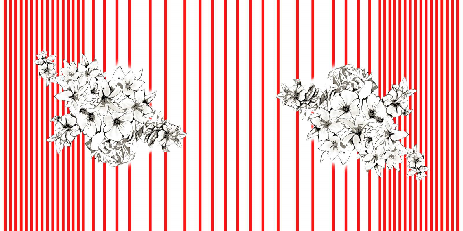 红白条纹背景手绘花卉面料印花素材,适用于服装印花设计