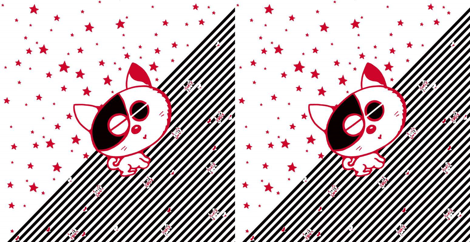 红白星星条纹猫咪插画面料印花素材,适用于服装印花设计