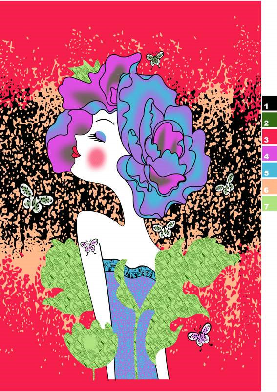 梦幻花卉人物插画面料印花素材,适用于女装服装印花设计