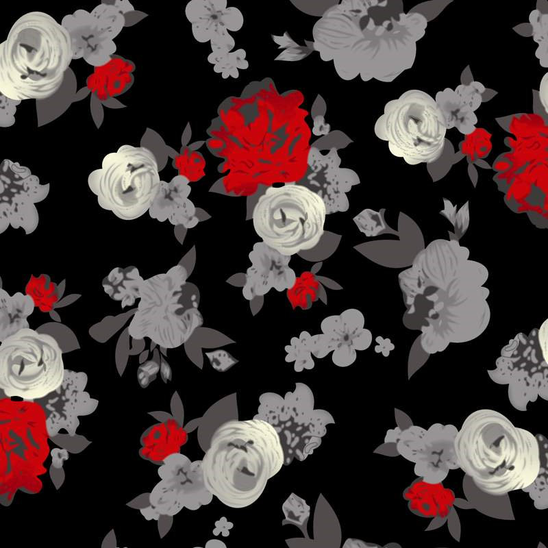 黑底红白灰花卉面料印花素材,适用于服装印花设计的高清无缝图案