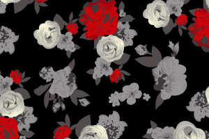 黑底红白灰花卉面料印花素材，适用于服装印花设计的高清无缝图案