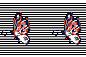 条纹背景蝴蝶图案面料印花素材，适用于服装印花设计