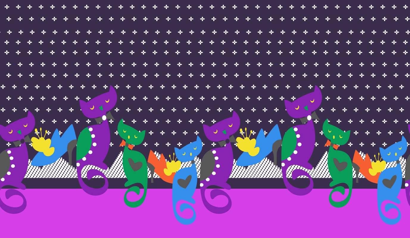 复古波普风猫咪图案面料印花素材,适用于服装印花设计