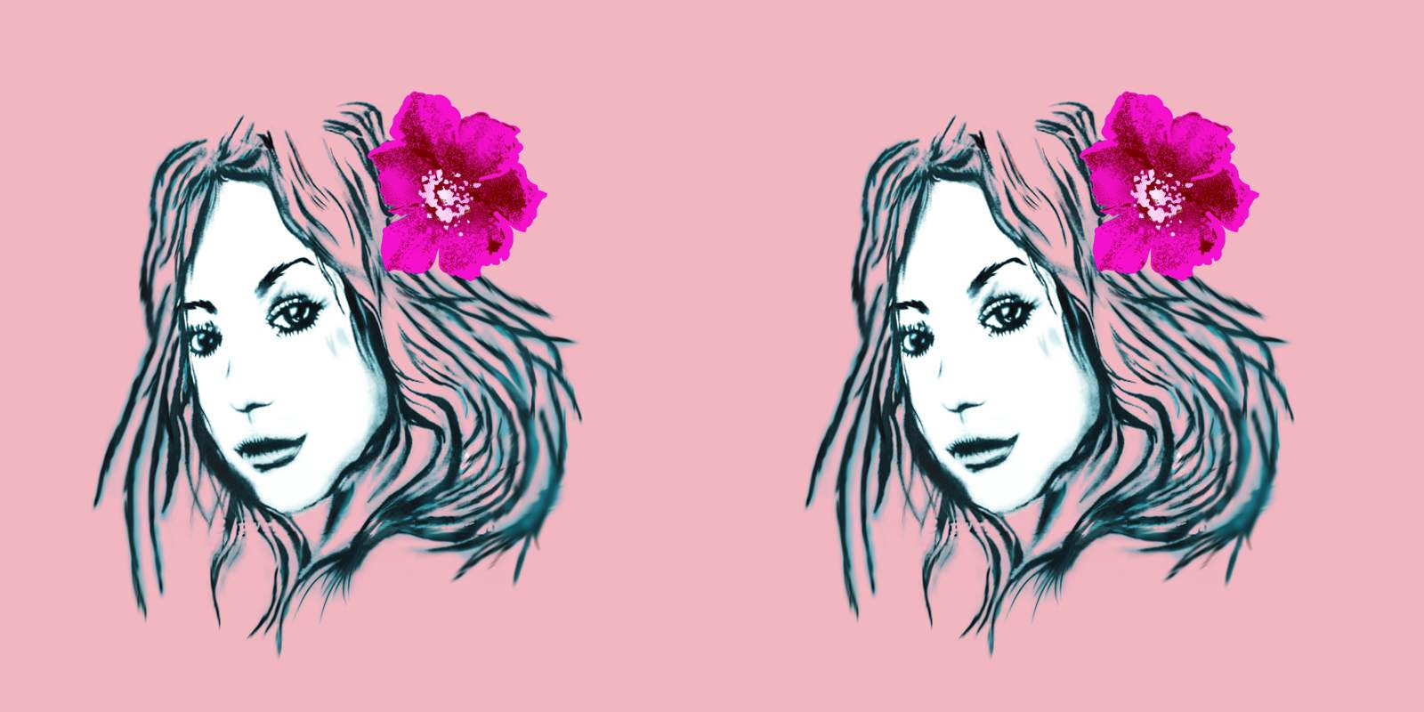 手绘风女性头像配玫红花卉图案的服装印花素材