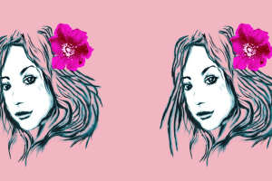 手绘风女性头像配玫红花卉图案的服装印花素材