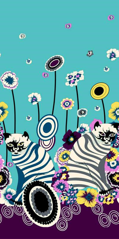 复古波普风猫与花卉图案面料印花素材,适用于服装印花设计