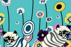 复古波普风猫与花卉图案面料印花素材，适用于服装印花设计