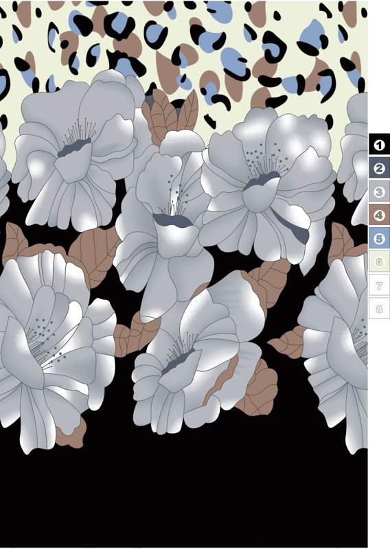 灰白花卉与豹纹拼接面料印花素材,适用于时尚服装印花设计