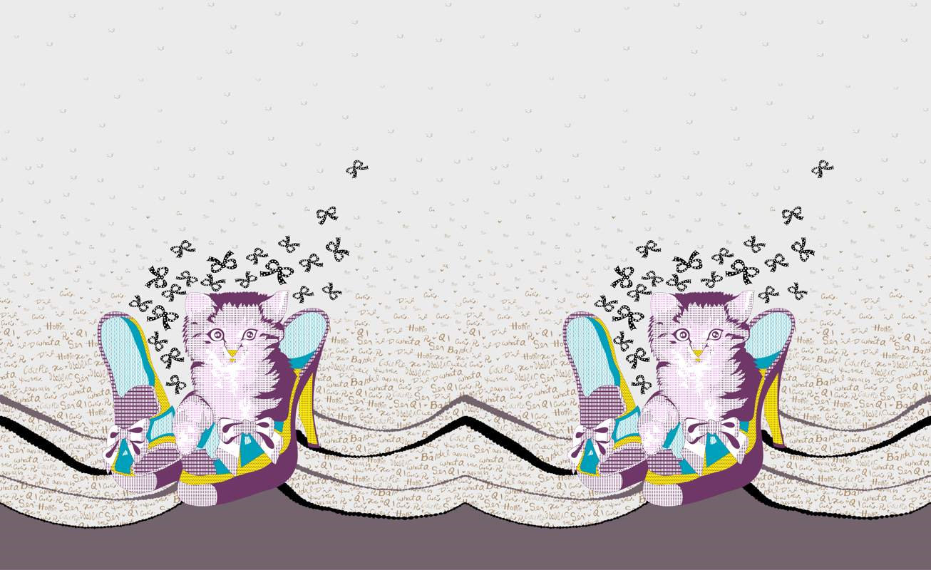 可爱猫咪高跟鞋主题面料印花素材,适用于服装印花设计