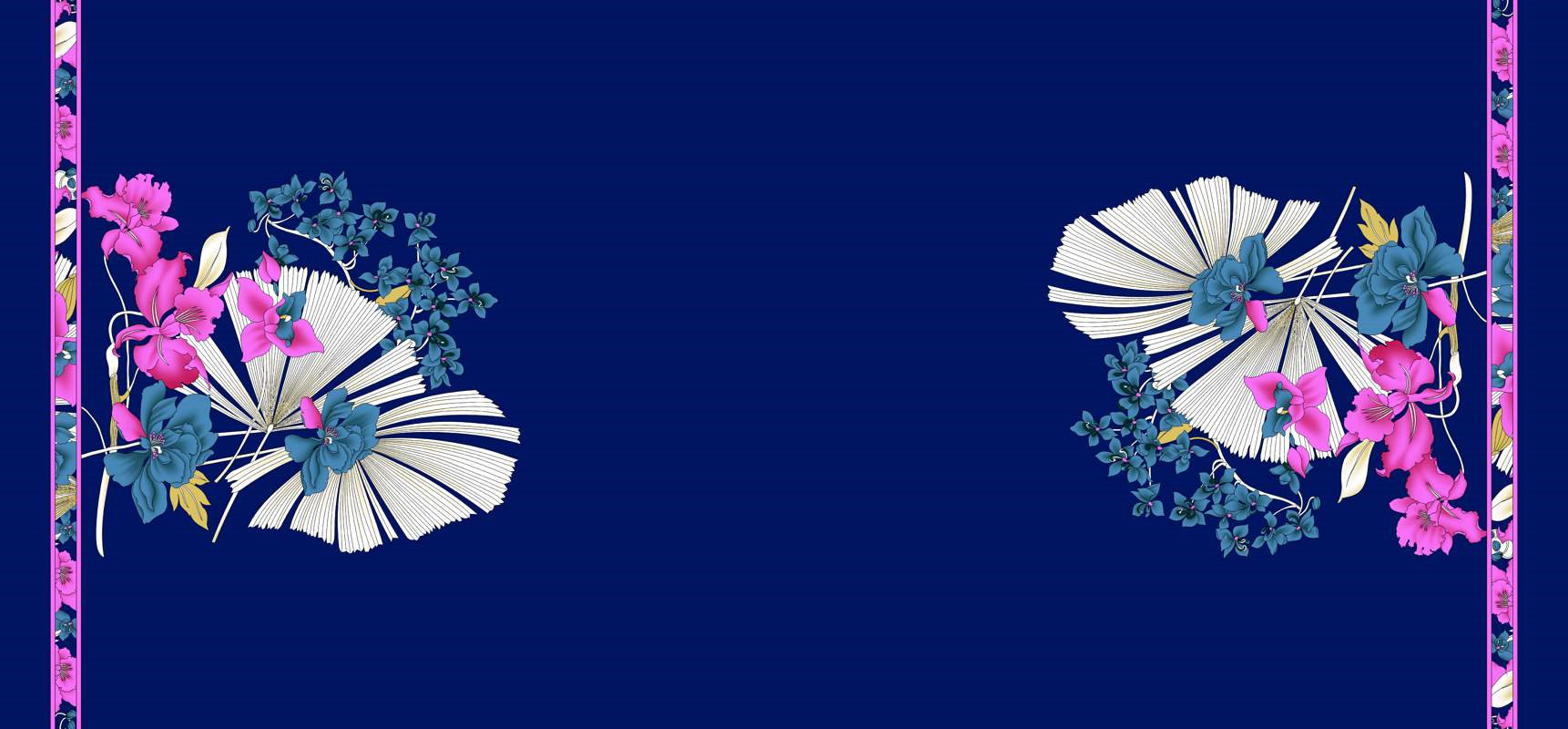 深蓝底粉蓝花卉扇面图案面料印花素材,适用于服装印花设计