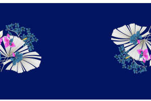 深蓝底粉蓝花卉扇面图案面料印花素材，适用于服装印花设计