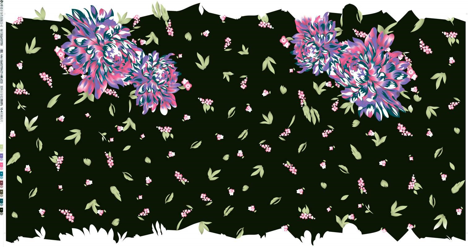 深绿底紫粉牡丹花卉面料印花素材,适用于服装印花设计