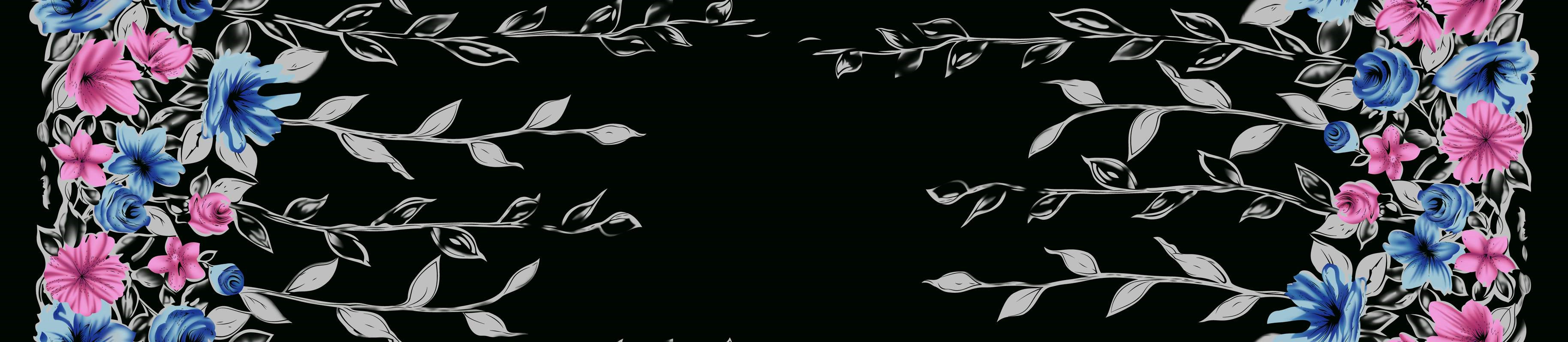 黑底蓝粉花卉面料印花素材,适用于服装印花设计与数码印染
