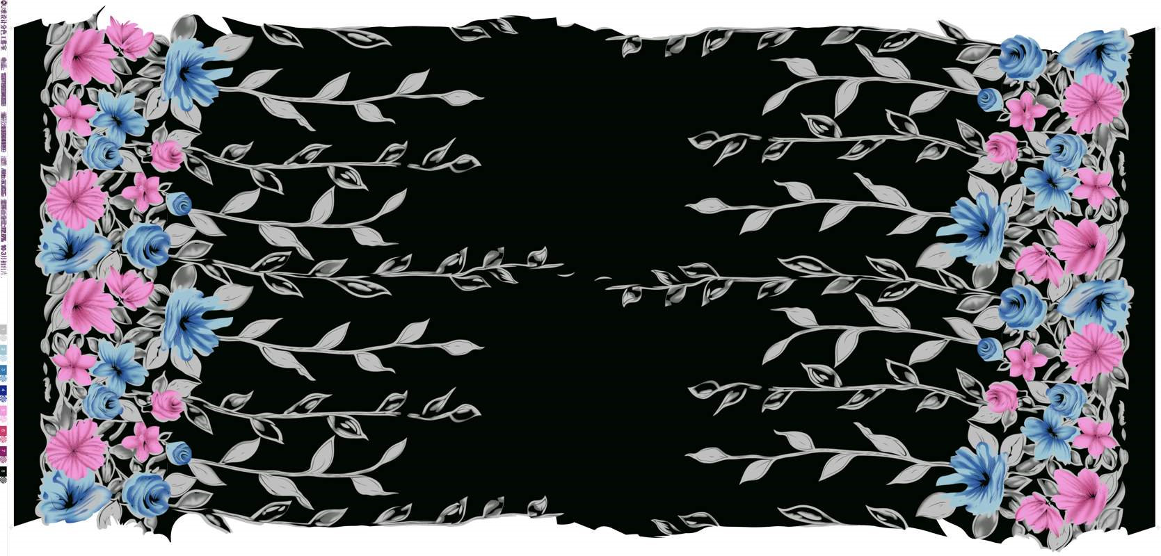 黑底蓝粉花卉边框面料印花素材,适用于服装印花设计