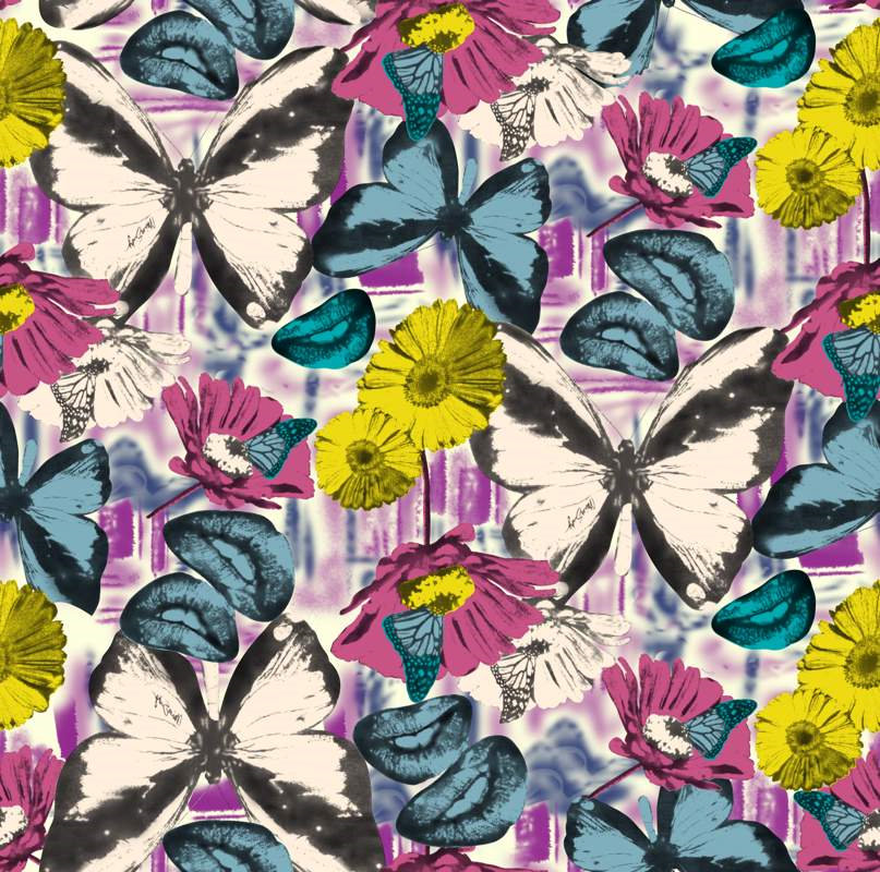 复古蝶影花卉面料印花素材,适用于春夏服装印花设计